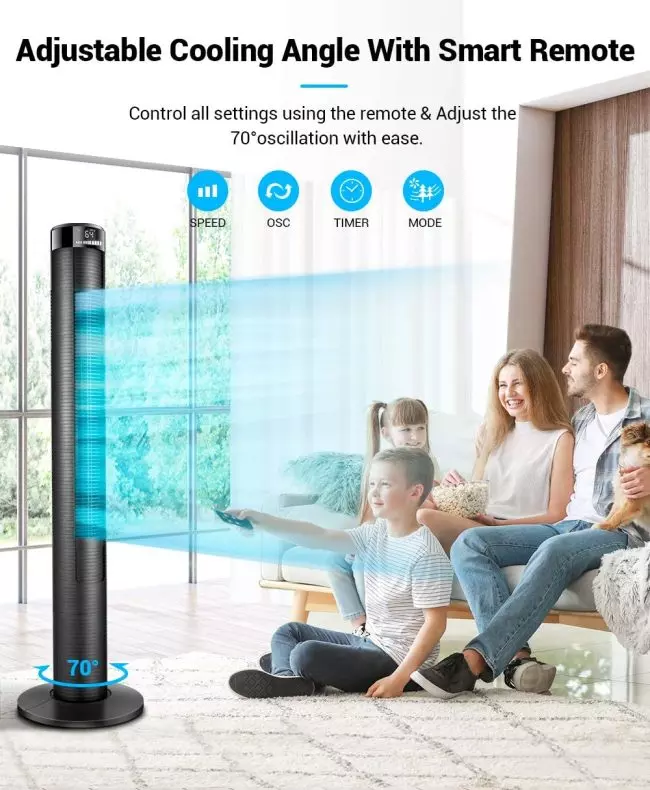 REXTON Tower Fan, SWING 46 Inch Cooling Tower Fan with Remote, Up to 12H Timer, Whole Room Wind Curve Floor Standing Fans with Auto Screen Off LED Display for Bedroom Home
