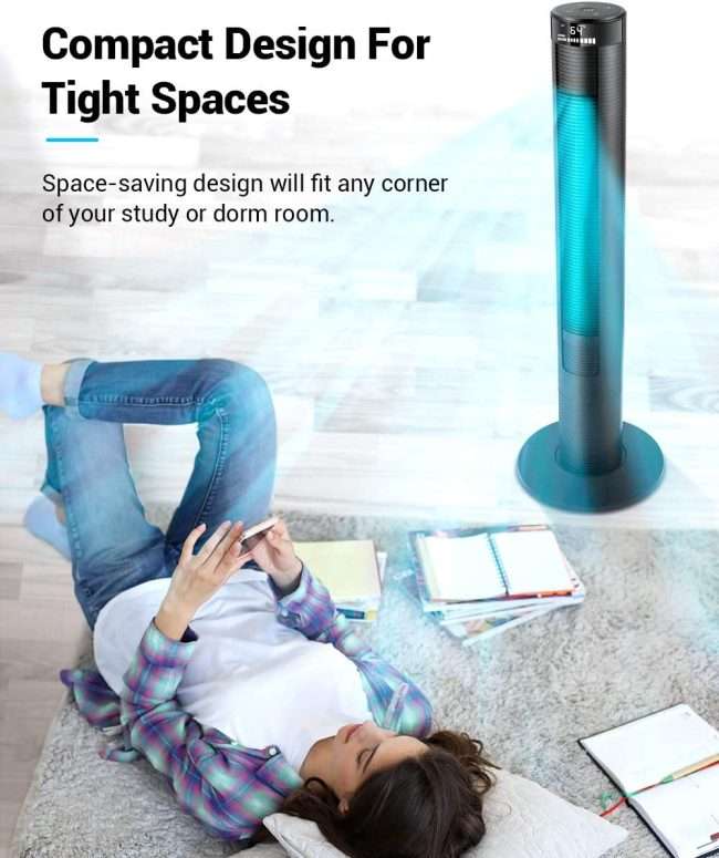 REXTON Tower Fan, SWING 46 Inch Cooling Tower Fan with Remote, Up to 12H Timer, Whole Room Wind Curve Floor Standing Fans with Auto Screen Off LED Display for Bedroom Home