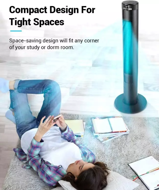 REXTON Tower Fan, SWING 46 Inch Cooling Tower Fan with Remote, Up to 12H Timer, Whole Room Wind Curve Floor Standing Fans with Auto Screen Off LED Display for Bedroom Home