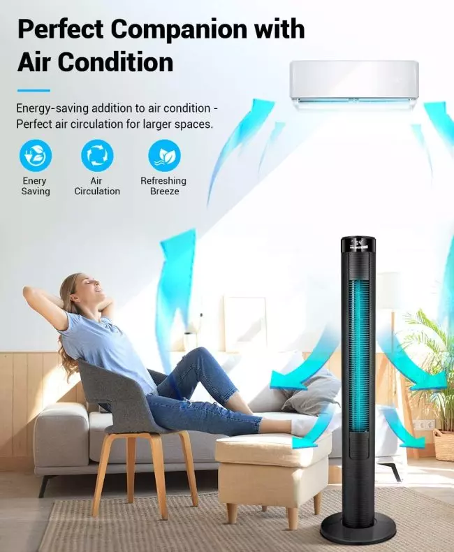 REXTON Tower Fan, SWING 46 Inch Cooling Tower Fan with Remote, Up to 12H Timer, Whole Room Wind Curve Floor Standing Fans with Auto Screen Off LED Display for Bedroom Home