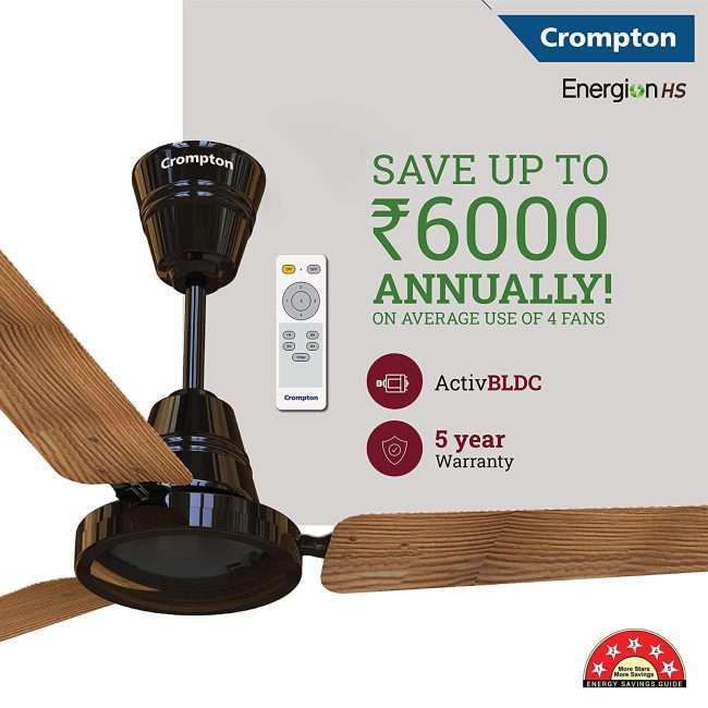 Crompton Energion HS 1200mm (48 inch) High Speed 5S Energy Efficient BLDC Ceiling Fan (Light Pinewood)