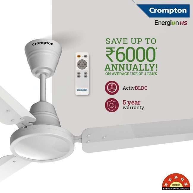 Crompton Energion HS 1200 mm BLDC Ceiling Fan with Remote Energy Efficient 5 Star Rated High Speed (Opal White)