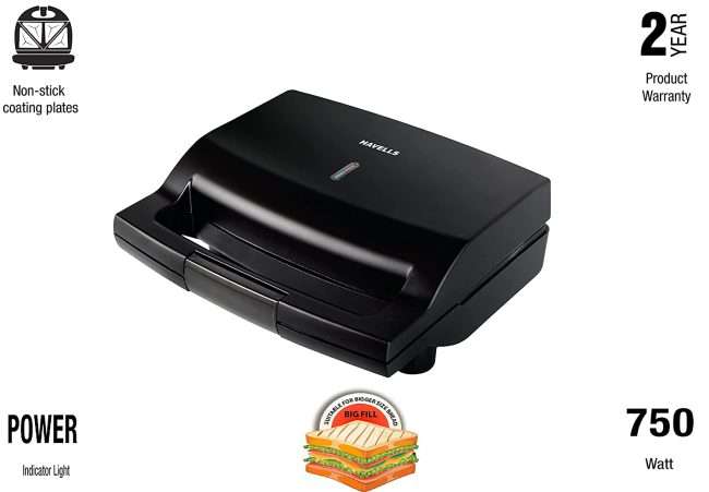 Havells Big Fill 2 Slice 750 watt Sandwich Maker with LED Indicator, Non Stick Coated Plate (Black), (Model: GHCSTCWK075)