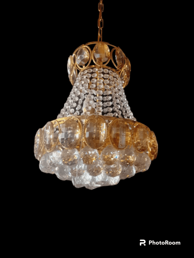 TRACKLITE JHUMMER CRYSTAL HANGING LIGHT Prmoagen Orginal K/9 Diamond Crystal Chandelier Light Chandelier Ceiling Lamp  (Gold, Clear) ( INSTALLATION FREE 4 BULB FREE   ) WITH  LED LIGHT  ( 15-inch L __  13-inch)