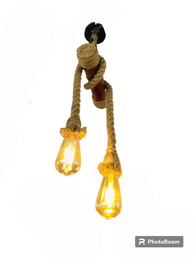 Light Cherry Colour Bamboo-Rope Shade Pendant lamp with Metal Black Base Plate, Hanging Lamp, with LED Color Changing Bulb,  Color in one ( with bulb free 1 )