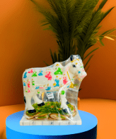 TRACKLITE Polyresin Kamdhenu Cow with Calf (Sacred Cow, Handcrafted) with Calf and Base (Chowki) Figurine, White (Hand Painted), 1 Piece