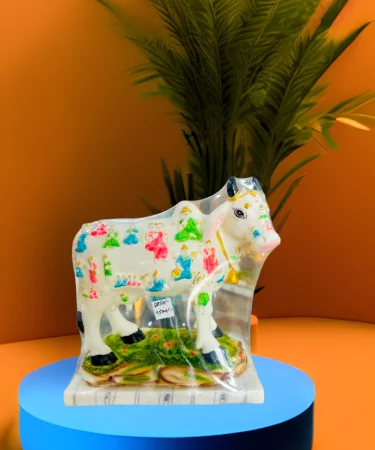 TRACKLITE Polyresin Kamdhenu Cow with Calf (Sacred Cow, Handcrafted) with Calf and Base (Chowki) Figurine, White (Hand Painted), 1 Piece
