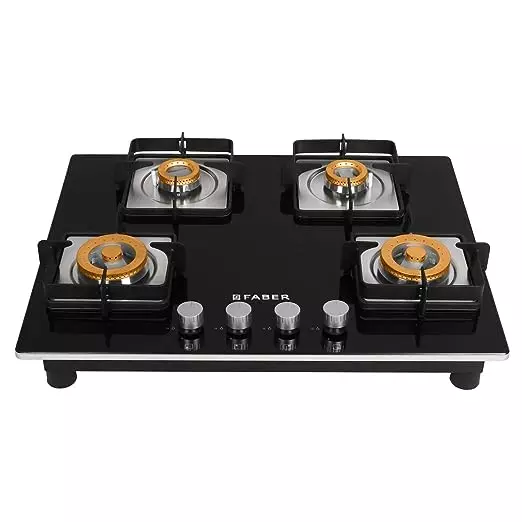 Faber Glass Top 4 Burner Gas Stove with Powder Coated Pan Support (Hob Cooktop Daisy),2 Medium & 2 Small,Manual Ignition, Black (  26- inch W-6- inch L )