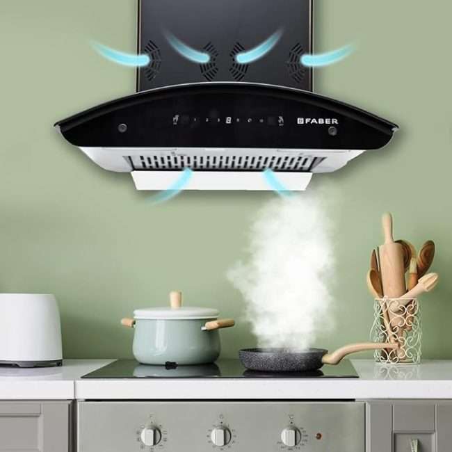 Faber 60 cm 6 way Silent Suction, 1250 m³/hr Auto-Clean curved glass Kitchen Chimney (HOOD EVEREST SMART 3D IND HC SC BK 60, Filterless technology, Touch Control & Gesture Control, Black)  ( 21- inch L _ 23- inch w )