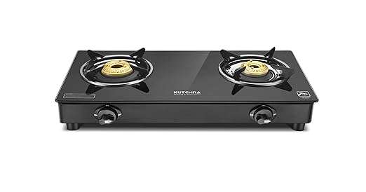 Kutchina - Pluto 2B glass top 2 burner gas stove, Cooktop Manual Ignition, Black (27- inch W - 6 - inch L)