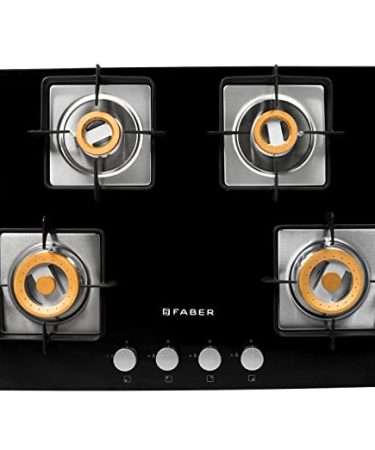 Faber Glass Top 4 Burner Gas Stove with Powder Coated Pan Support (Hob Cooktop Daisy),2 Medium & 2 Small,Manual Ignition, Black ( 26- inch W-6- inch L )
