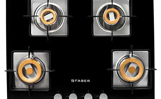 Faber Glass Top 4 Burner Gas Stove with Powder Coated Pan Support (Hob Cooktop Daisy),2 Medium & 2 Small,Manual Ignition, Black (  26- inch W-6- inch L )
