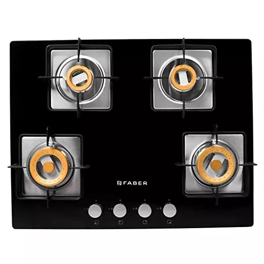 Faber Glass Top 4 Burner Gas Stove with Powder Coated Pan Support (Hob Cooktop Daisy),2 Medium & 2 Small,Manual Ignition, Black (  26- inch W-6- inch L )