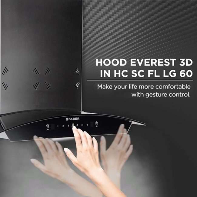 Faber60cm 6 way Silent Suction,1250m3/hr, Autoclean Chimney, 12Yr Warranty on Motor(2Yr Comprehensive) Autoclean Alarm(HOOD EVEREST 3D IN HC SC FL LG 60||Filterless||Touch&Gesture Control||Light Grey)  (21- inch W _ 24- inch L )
