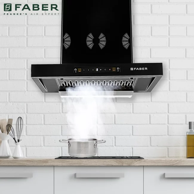 Faber 60cm 1250 m3/hr 6 way silent suction, Autoclean Chimney, Filterless, 8 Yr on Motor, 2Yr Comprehensive Warranty, Made in India (HOOD BONITO 3D IND HC SC FL BK 60, Touch & Gesture Control, Black