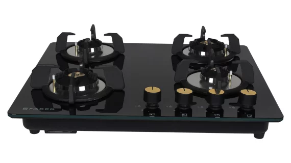 Faber Hob/Hobtop 4 Brass Burner Auto Electric Ignition Glass and Mild Steel Top (Maxus HT604 CRS BR CI AI) Black
