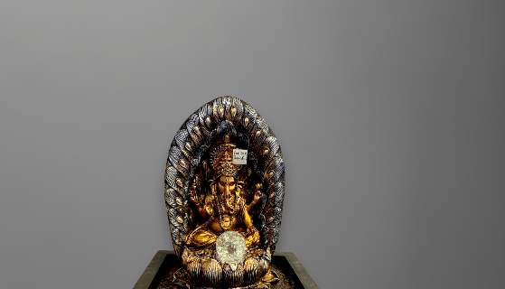 TRACKLITE Polyresin Table Top Golden Brown Color Ganesha Indoor Home Decor Waterfall Fountain Yellow LED Lights, Speed Controller Pump & Rotating Ball (Size 16 - inch L _ 10 - inch W ) | Weight: 2105 grm)